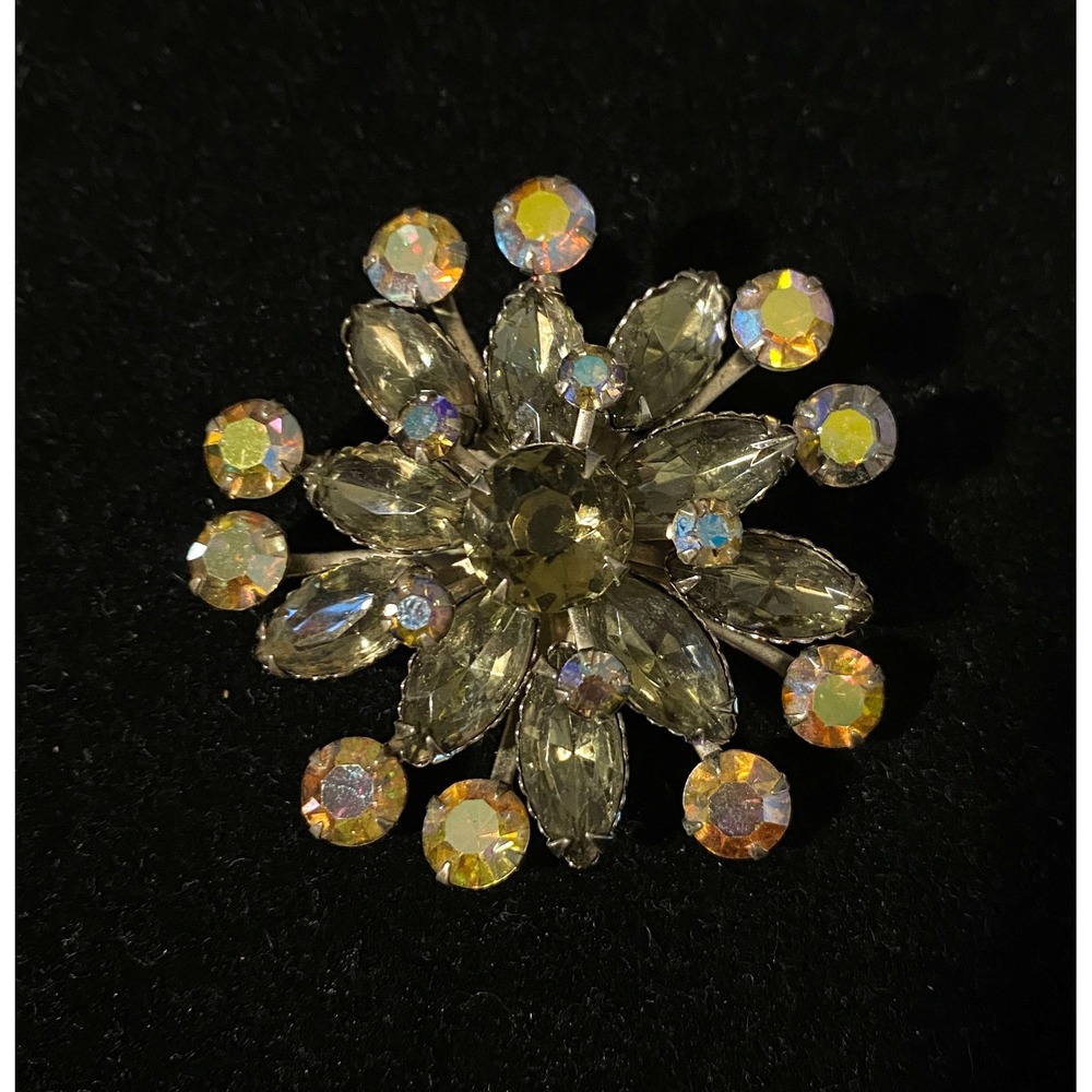Juliana style Rhinestone Flower‎ Pin Smokey Topaz & Aurora Borealis Rhinestones.